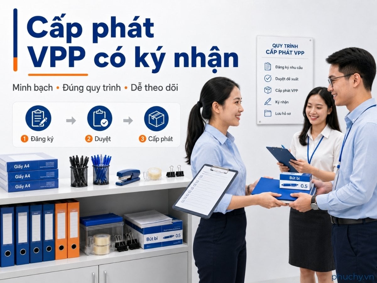 Quy trình cấp phát văn phòng phẩm hằng tháng có ký nhận và theo dõi tồn kho