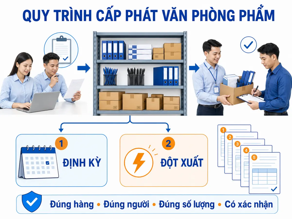 Quy trình cấp phát văn phòng phẩm nội bộ cho doanh nghiệp từ yêu cầu đến cập nhật tồn kho