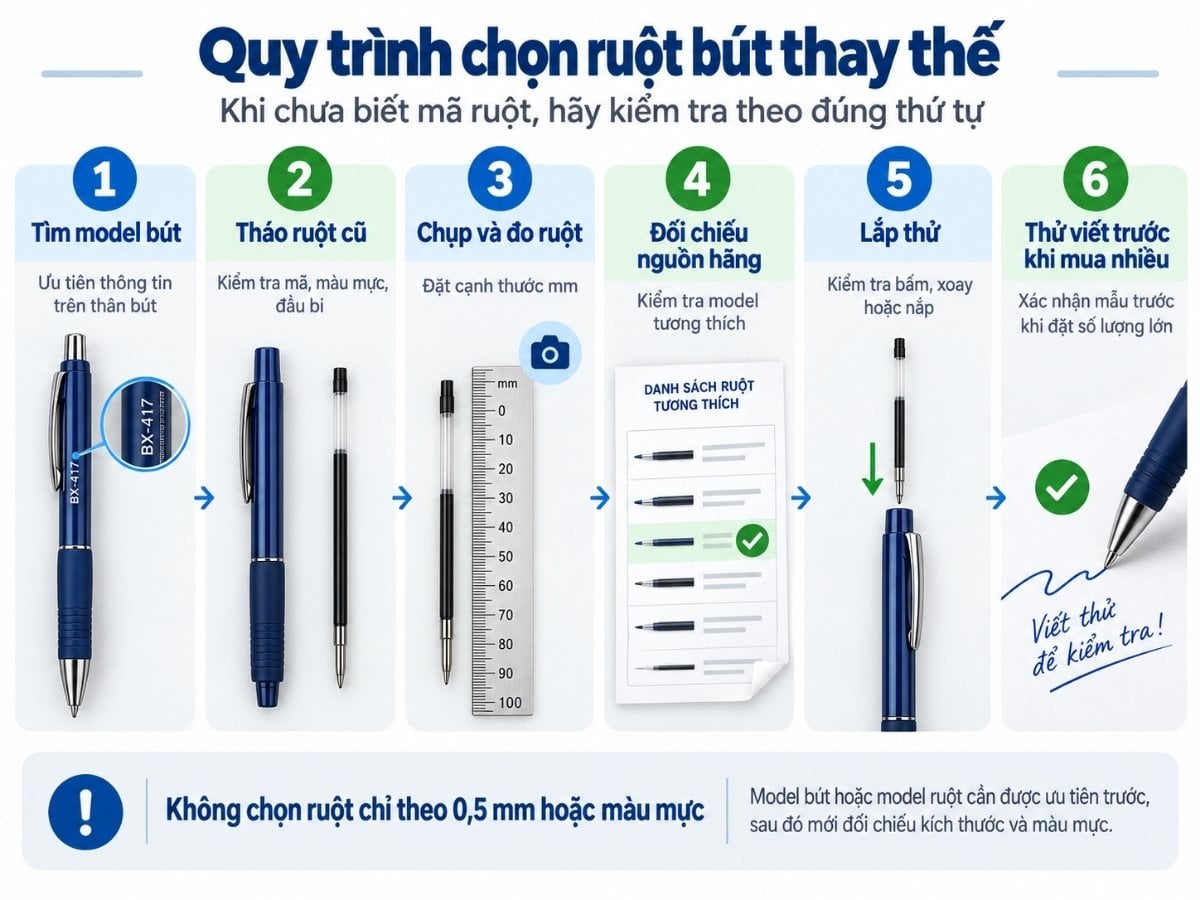 Quy trình chọn ruột bút thay thế khi chưa biết mã ruột