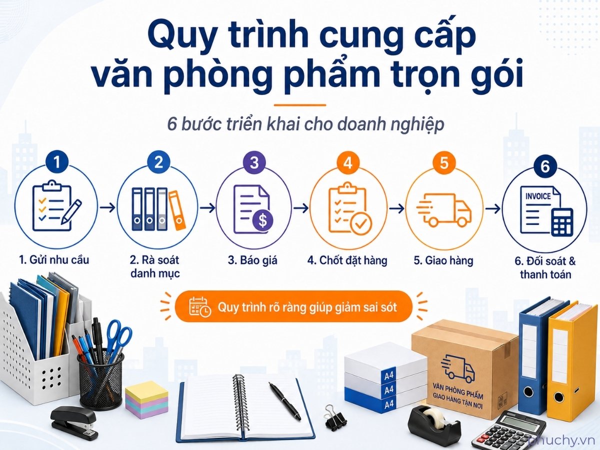 Quy trình cung cấp văn phòng phẩm trọn gói từ gửi nhu cầu, rà soát danh mục, báo giá, giao hàng đến đối soát thanh toán