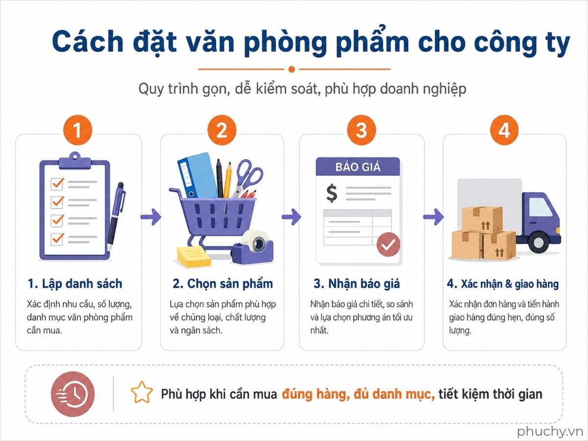 Quy trình đặt văn phòng phẩm cho công ty theo danh sách, nhận báo giá và giao hàng