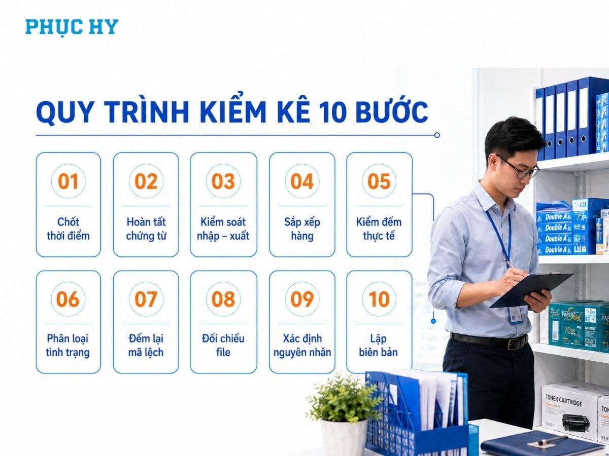 Quy trình kiểm kê văn phòng phẩm cuối kỳ gồm 10 bước