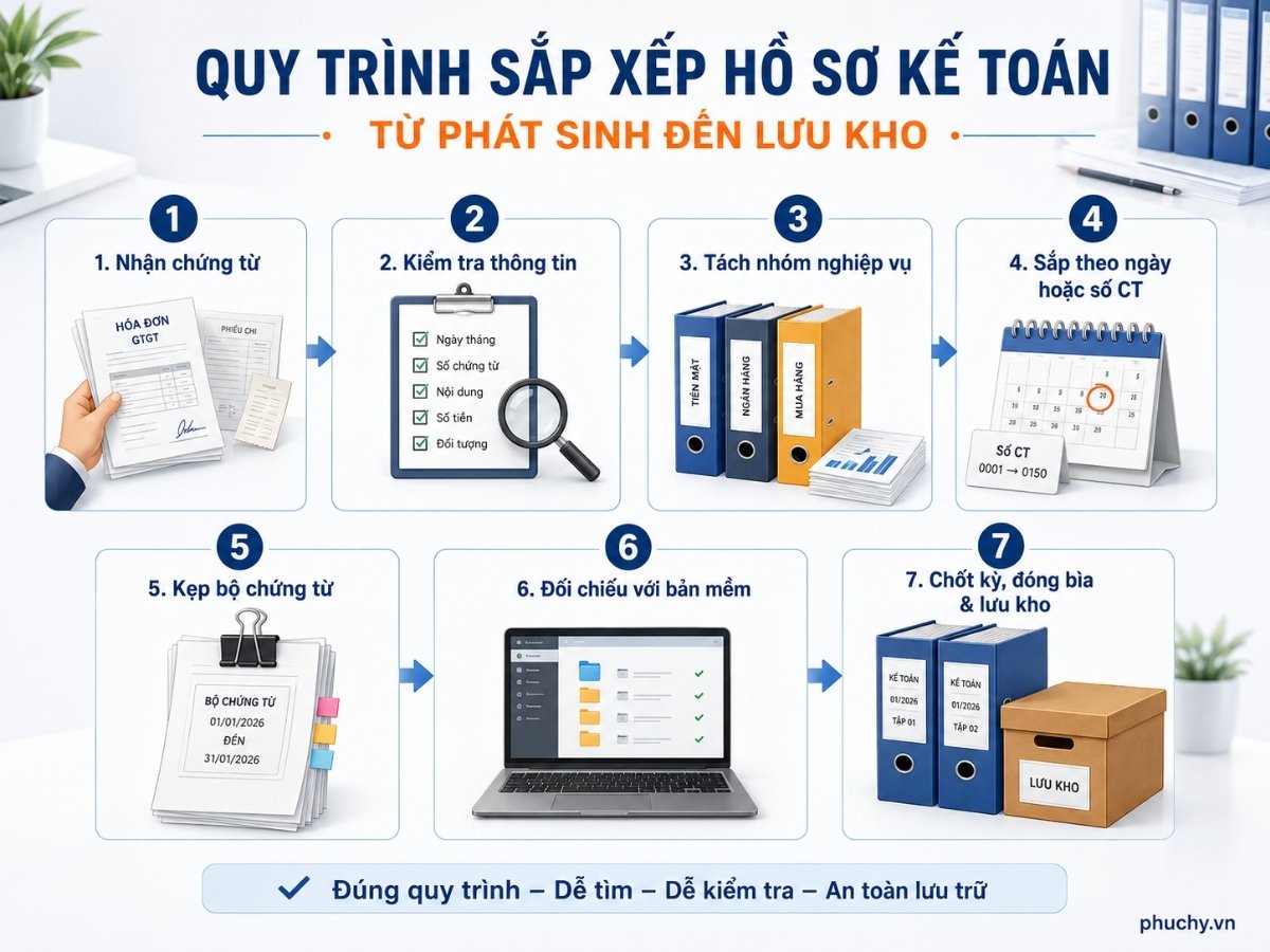 Quy trình sắp xếp hồ sơ kế toán từ phát sinh đến lưu kho