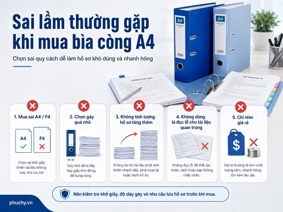 Sai lầm thường gặp khi mua bìa còng A4 như chọn sai khổ giấy, chọn gáy quá nhỏ và chỉ nhìn giá rẻ