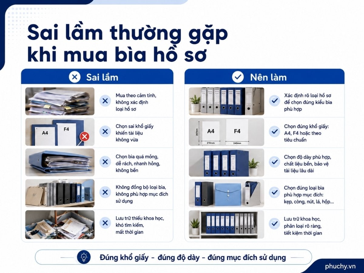 Sai lầm thường gặp khi mua bìa hồ sơ văn phòng như chọn sai khổ giấy, bìa quá mỏng và lưu trữ thiếu khoa học