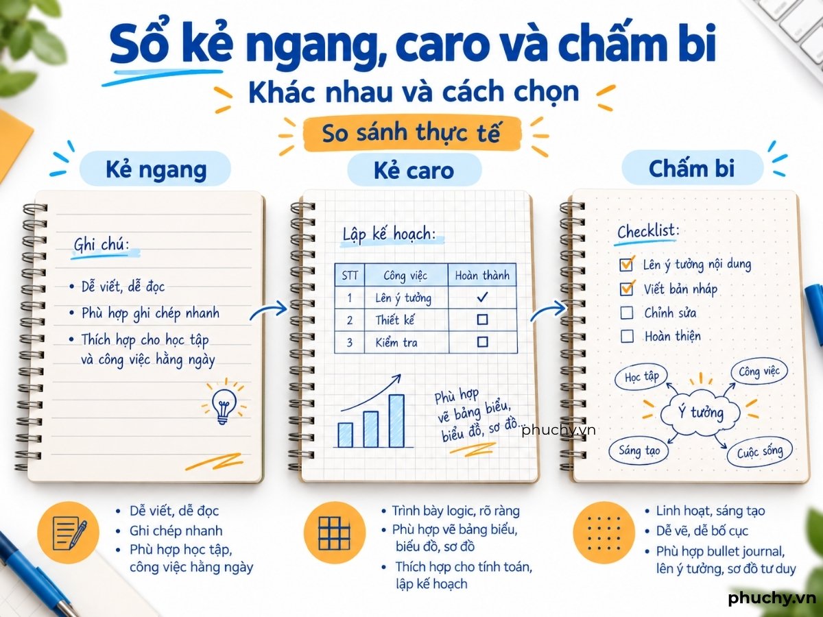 So sánh sổ kẻ ngang, kẻ caro và chấm bi để chọn kiểu ruột phù hợp