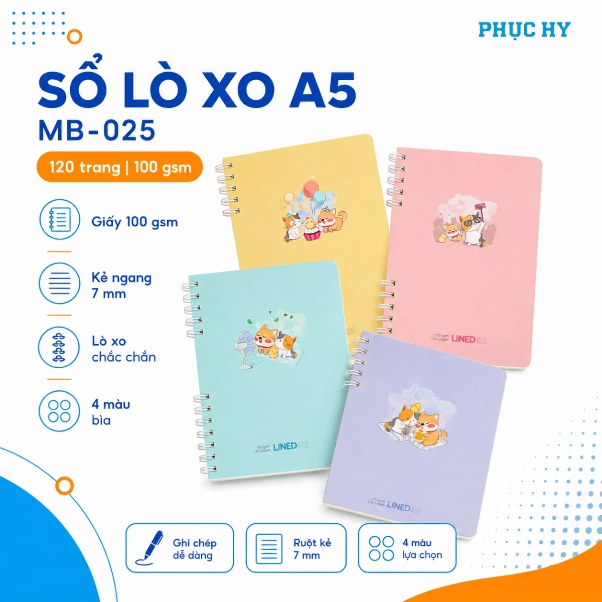 Sổ lò xo A5 Thiên Long MB-025 120 trang giấy 100 gsm với bốn màu bìa