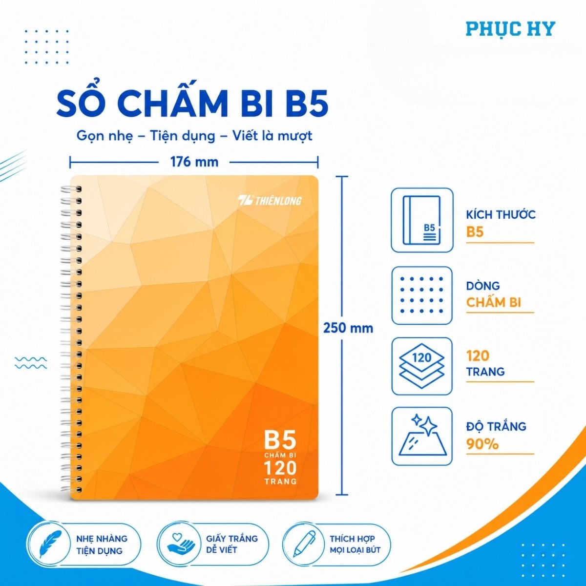 Sổ lò xo chấm bi B5 Thiên Long MB-018 kích thước 176 x 250 mm, 120 trang