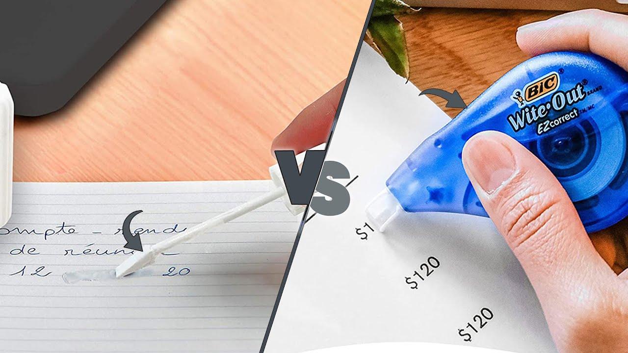 Minh họa so sánh lớp phủ khô của băng xóa và lớp phủ bút xóa nước trên giấy ghi chép.