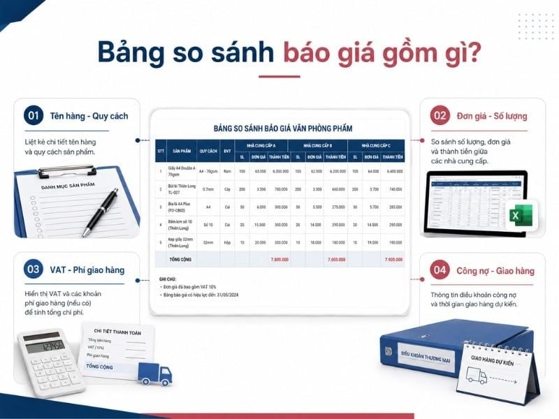 Bảng so sánh báo giá văn phòng phẩm gồm tên hàng, đơn giá, VAT, phí giao hàng và công nợ