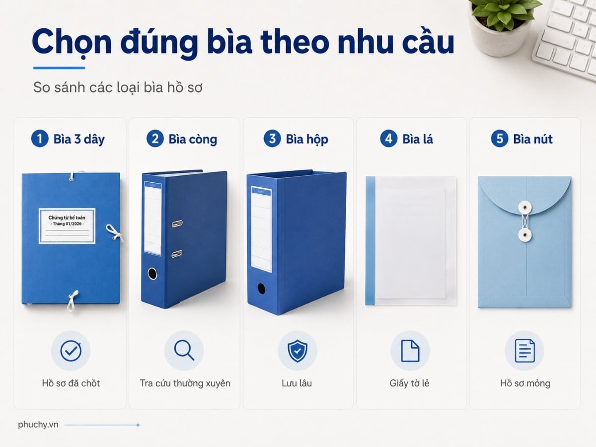 So sánh bìa 3 dây bìa còng bìa hộp bìa lá bìa nút khi lưu hồ sơ kế toán