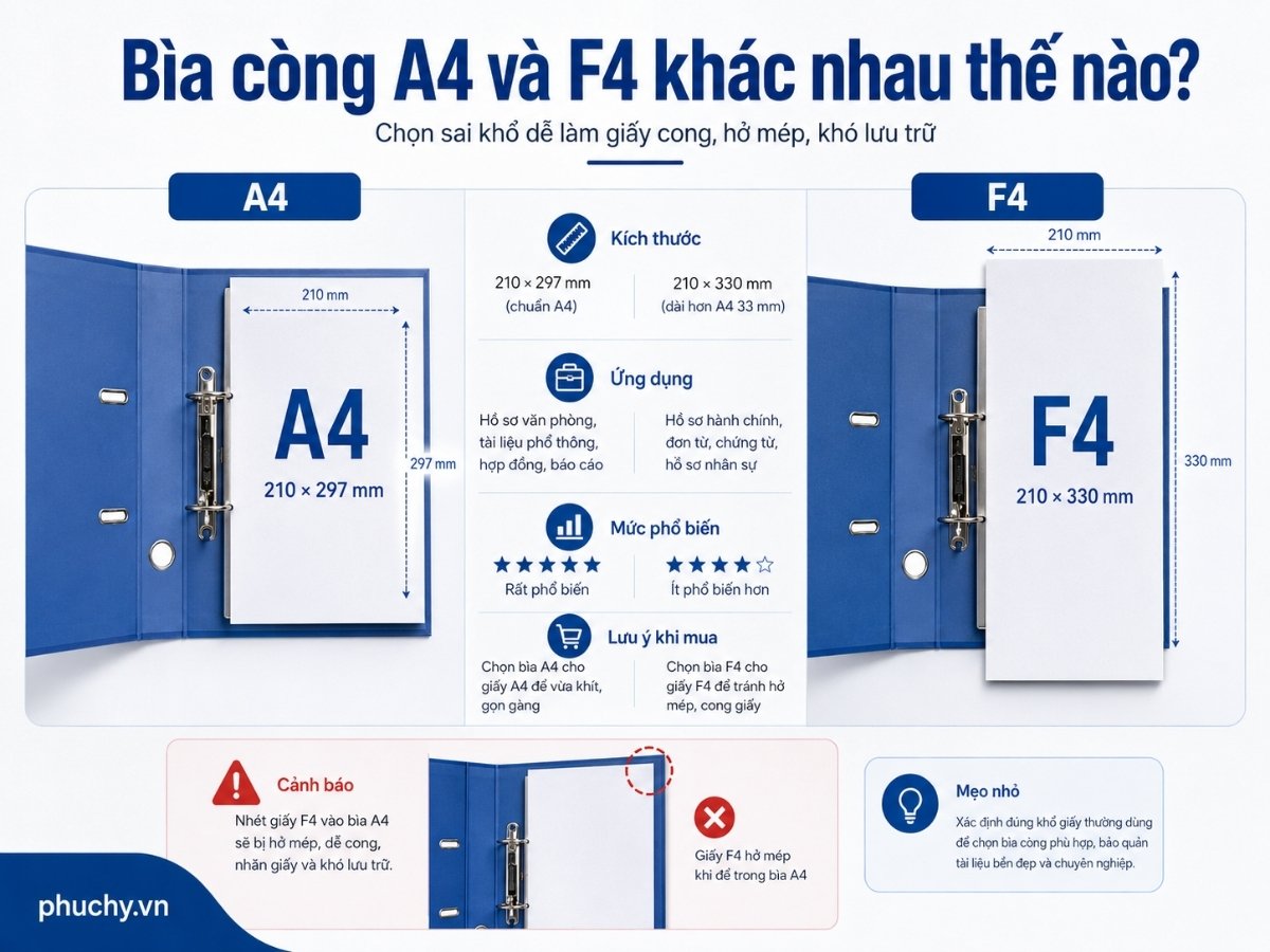 So sánh bìa còng A4 và F4 theo kích thước giấy, ứng dụng và lưu ý khi mua