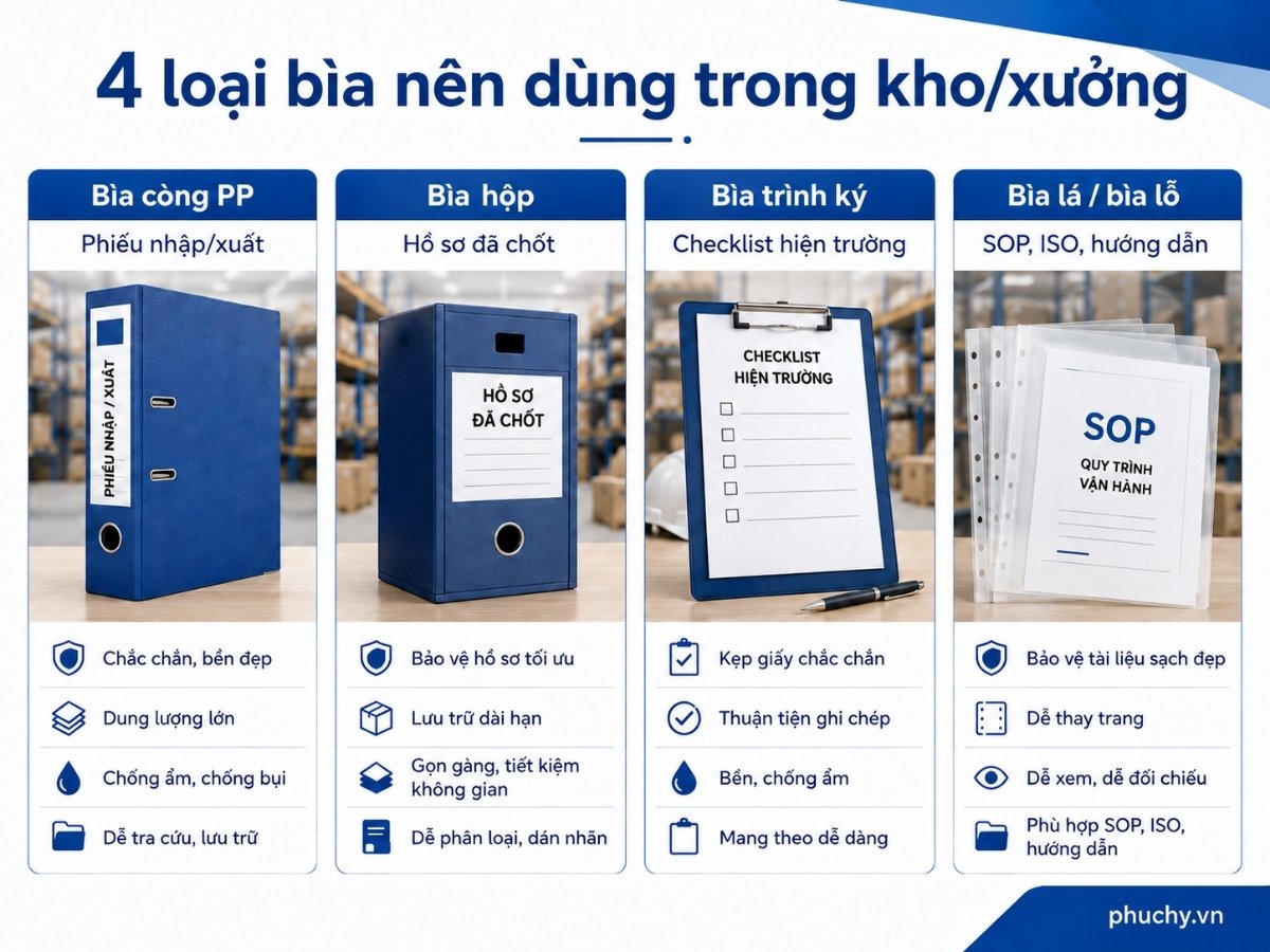 So sánh bìa còng bìa hộp bìa trình ký bìa lá cho kho xưởng
