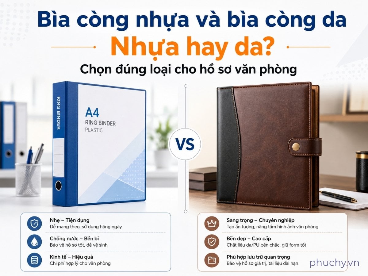 So sánh bìa còng nhựa và bìa còng da cho hồ sơ văn phòng