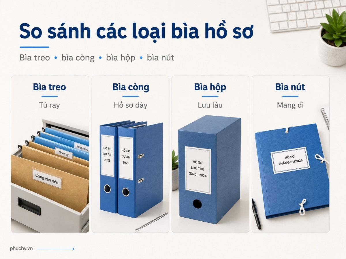 So sánh bìa treo với bìa còng bìa hộp và bìa nút