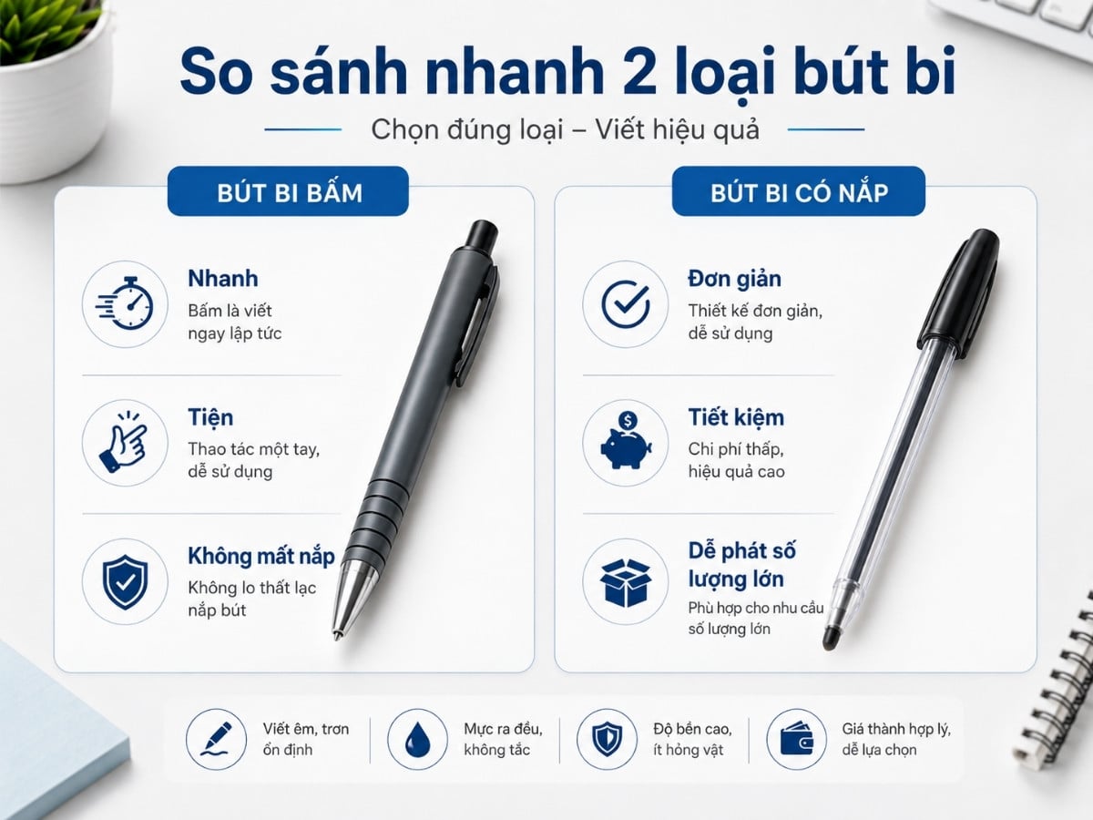 So sánh bút bi bấm và bút bi có nắp