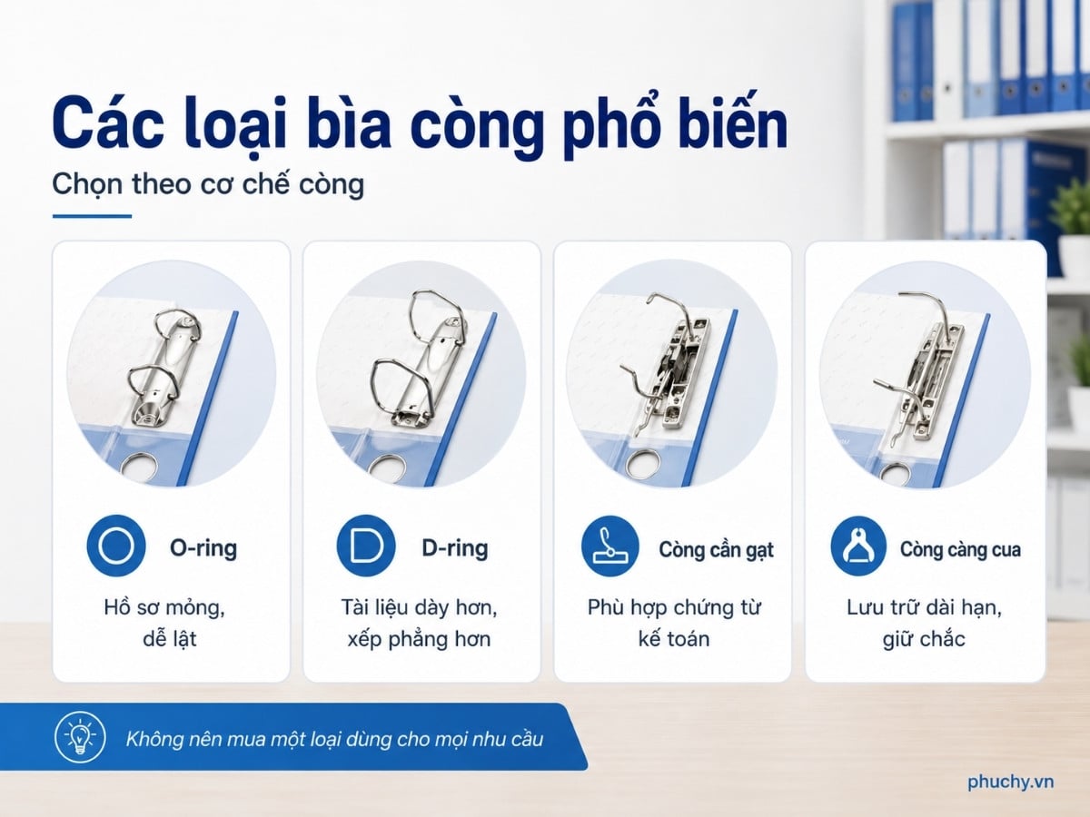 So sánh các loại bìa còng O-ring D-ring còng cần gạt và còng càng cua