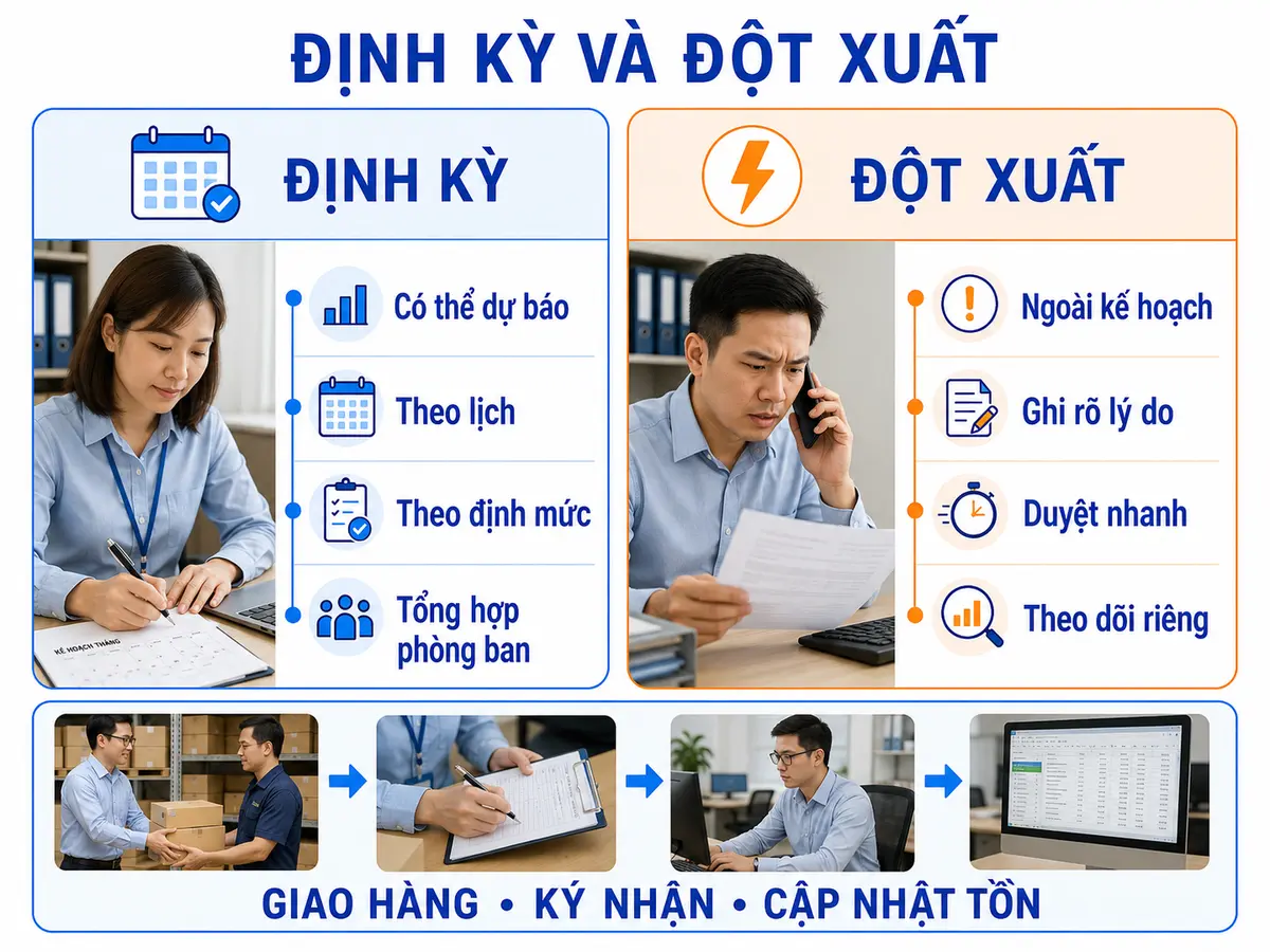 So sánh cấp phát văn phòng phẩm định kỳ và đột xuất trong doanh nghiệp