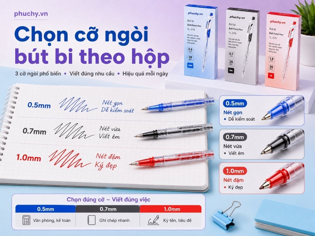 So sánh cỡ ngòi bút bi 0.5mm 0.7mm và 1.0mm