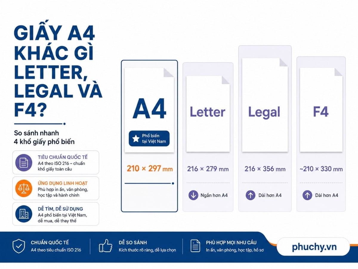 So sánh giấy A4 với Letter Legal và F4