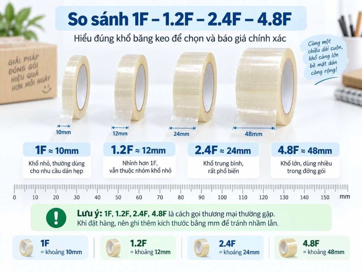 So sánh khổ băng keo 1F 1.2F 2.4F và 4.8F theo mm