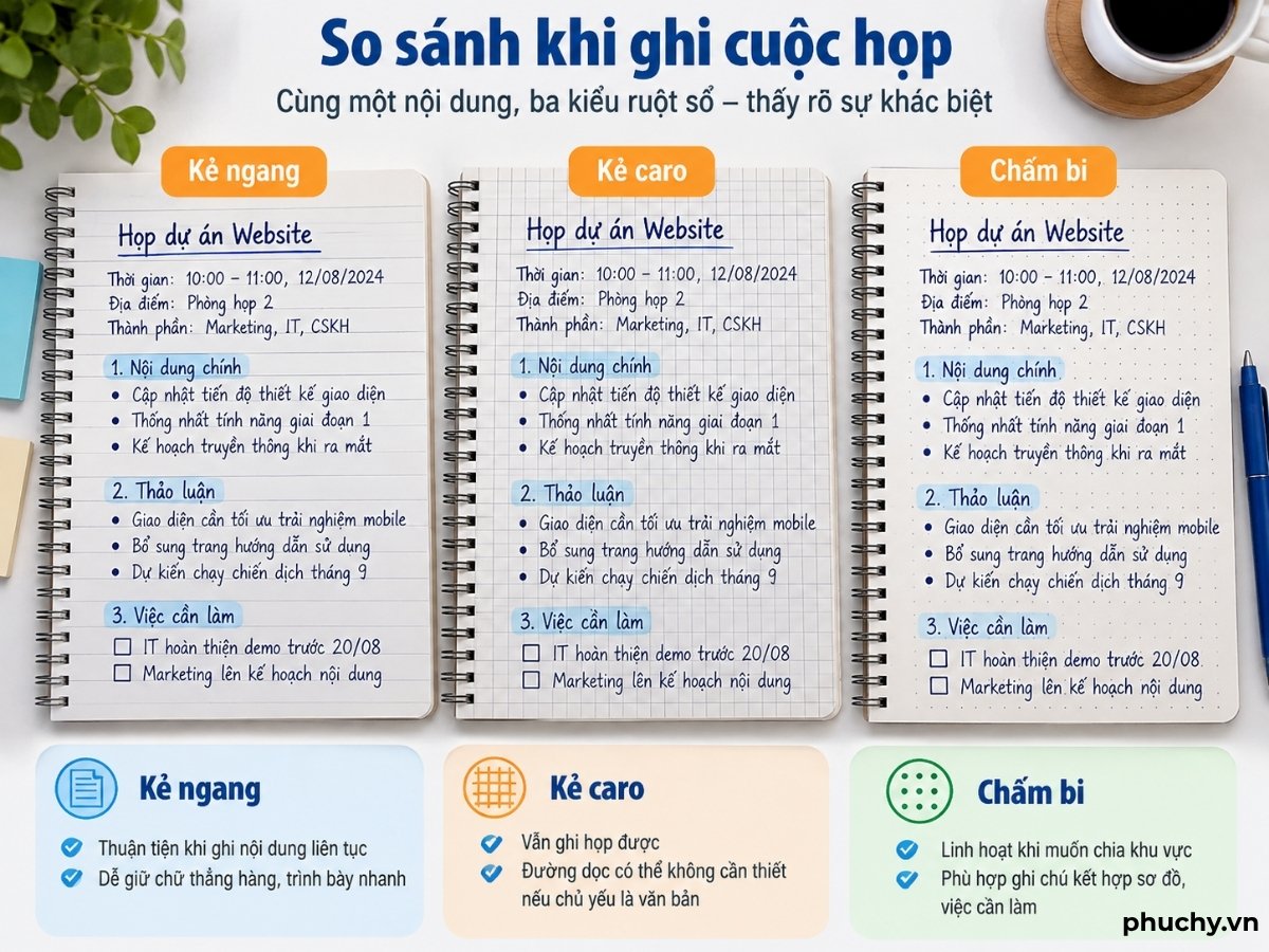 So sánh sổ kẻ ngang, caro và chấm bi khi ghi cuộc họp