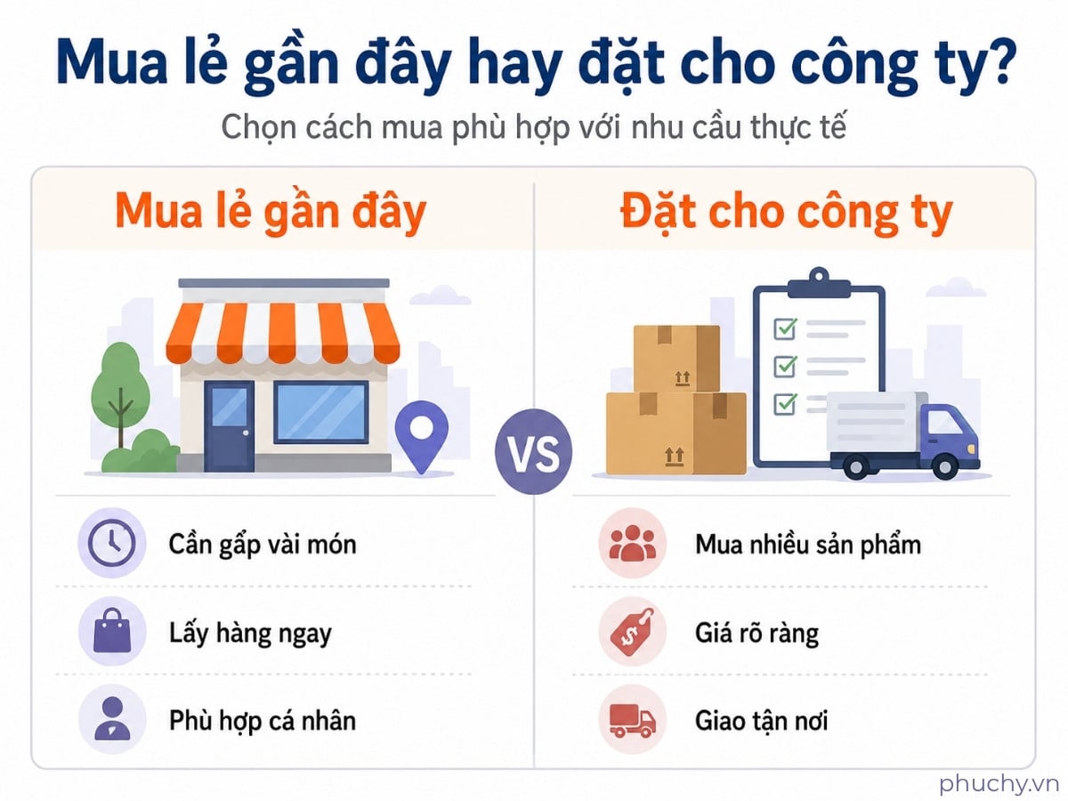 So sánh mua lẻ văn phòng phẩm gần đây và đặt văn phòng phẩm cho công ty