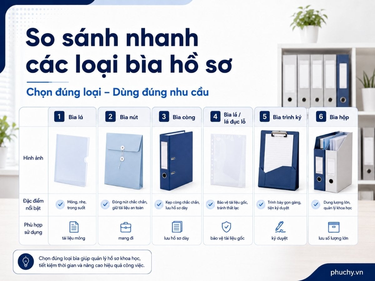 So sánh nhanh các loại bìa hồ sơ như bìa lá, bìa nút, bìa còng, lá đục lỗ, bìa trình ký và bìa hộp