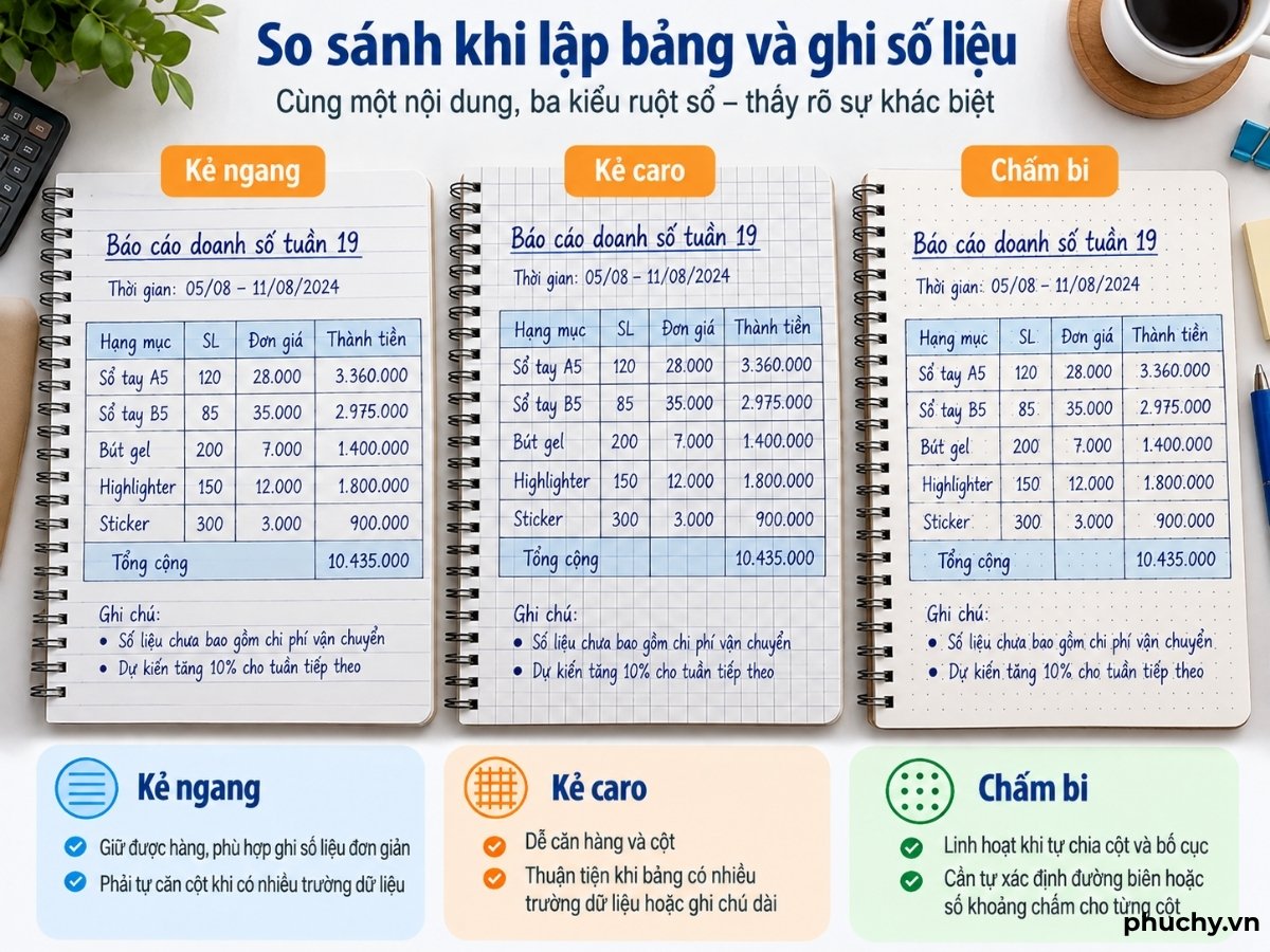 So sánh sổ kẻ ngang, caro và chấm bi khi lập bảng và ghi số liệu