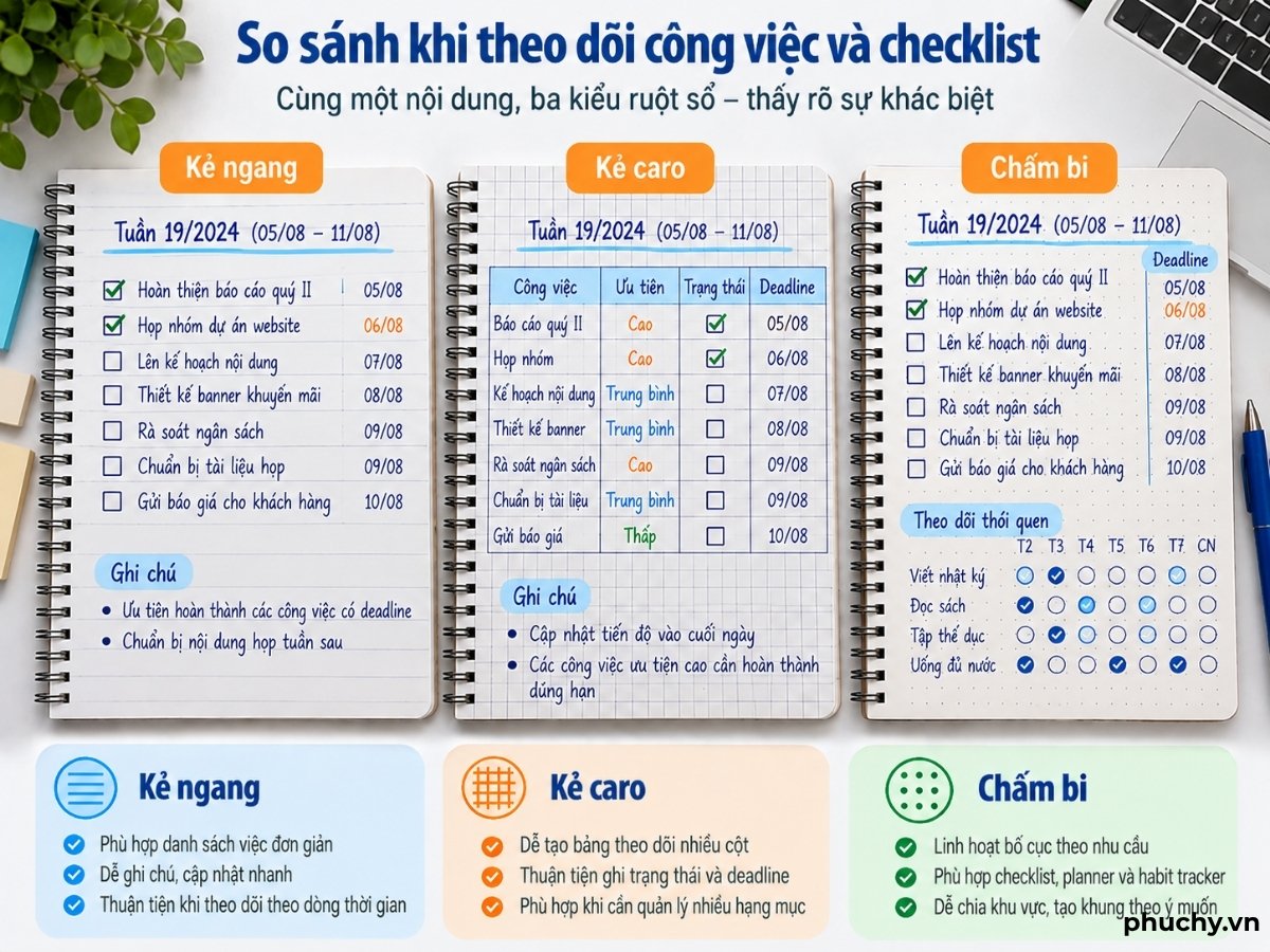 So sánh sổ kẻ ngang, caro và chấm bi khi theo dõi công việc và checklist