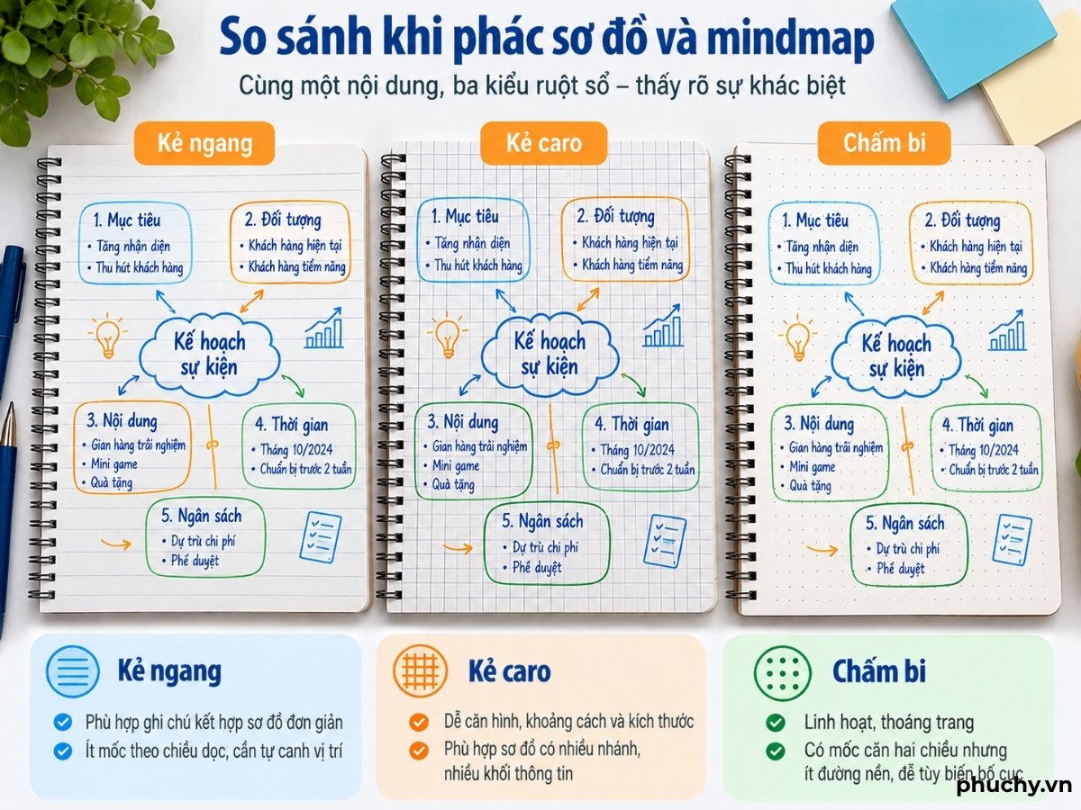 So sánh sổ kẻ ngang, caro và chấm bi khi phác sơ đồ và mindmap