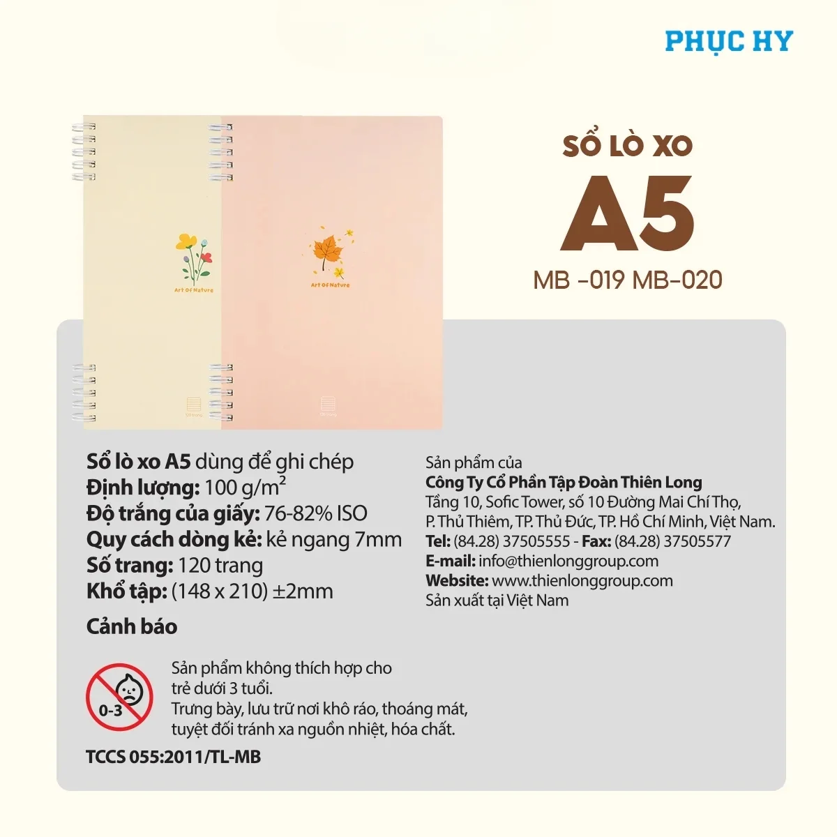 Thông số Sổ lò xo A5 Thiên Long MB-019 MB-020 120 trang giấy 100 gsm