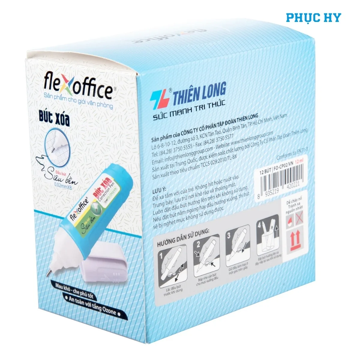Thông tin và hướng dẫn sử dụng trên hộp bút xóa FlexOffice FO-CP02/VN