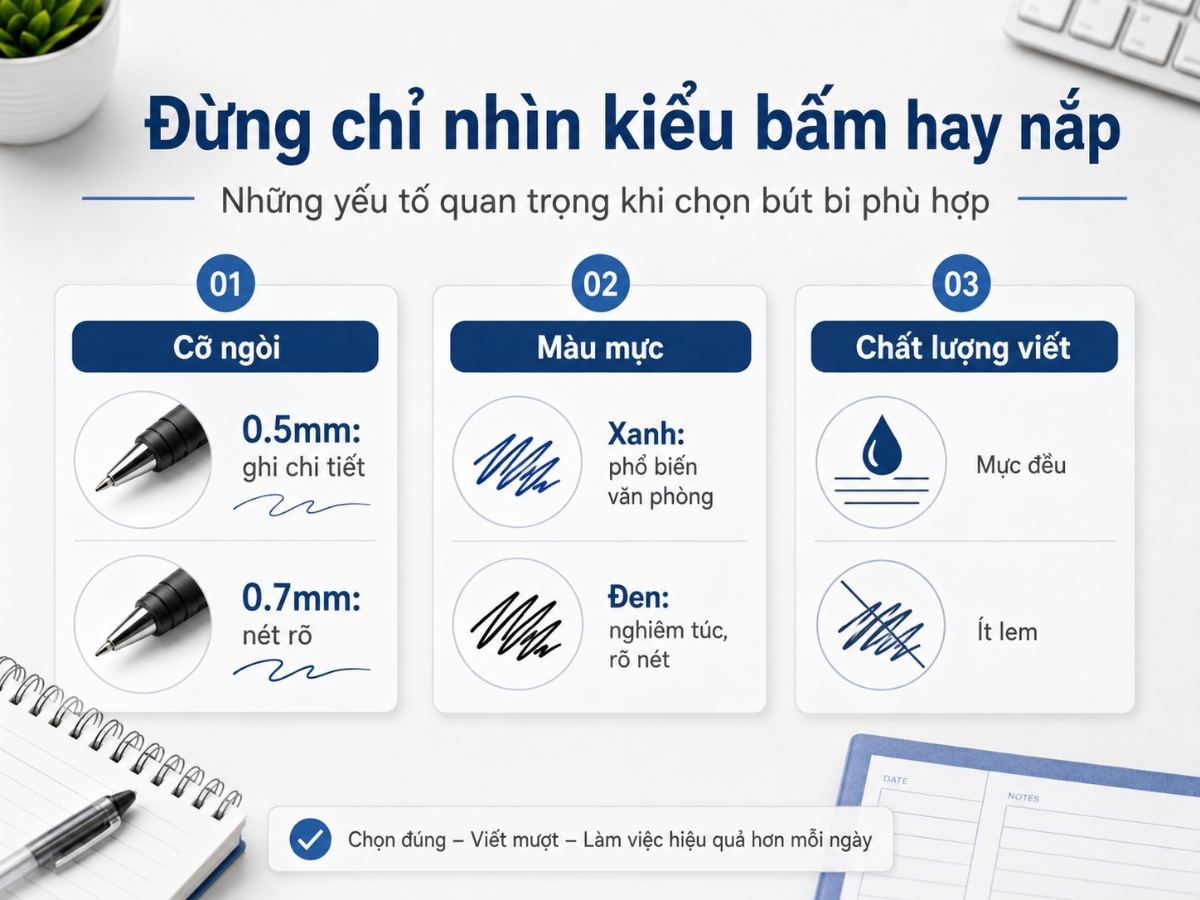 Tiêu chí chọn bút bi văn phòng theo cỡ ngòi màu mực và độ lem