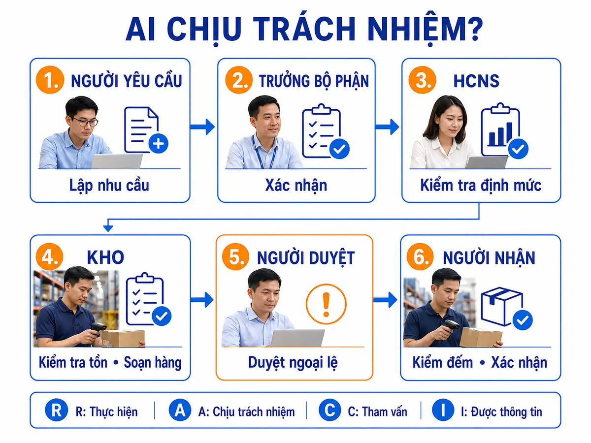 Trách nhiệm của nhân viên, trưởng bộ phận, hành chính, kho và kế toán khi cấp phát văn phòng phẩm