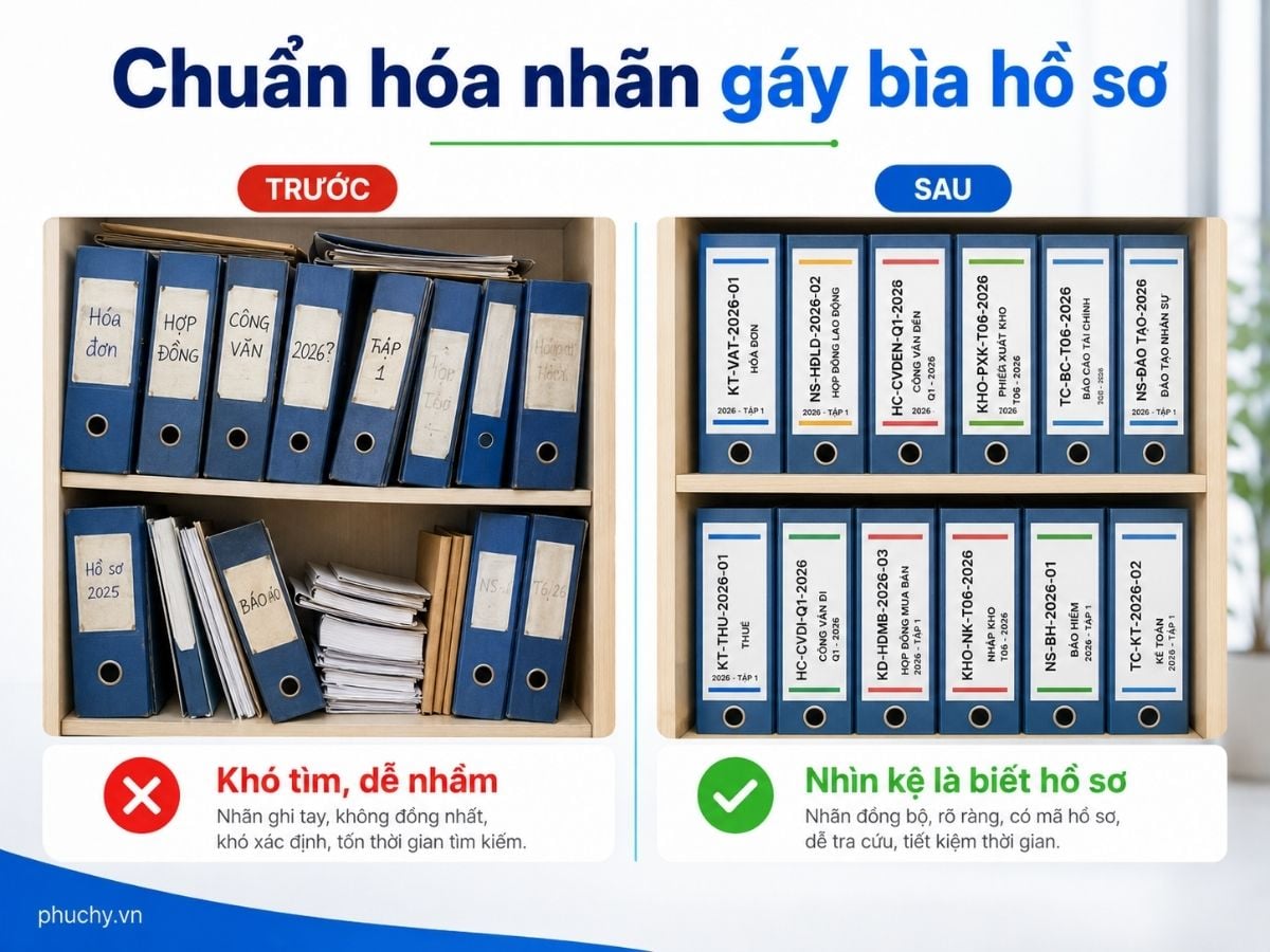 So sánh trước và sau khi chuẩn hóa nhãn gáy bìa hồ sơ trong văn phòng
