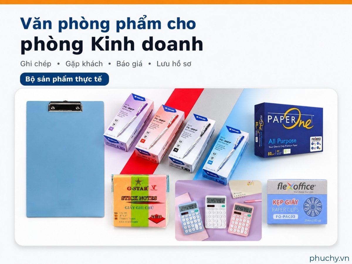 Bộ văn phòng phẩm cho phòng Kinh doanh gồm bút, giấy, bìa trình ký, máy tính và kẹp giấy