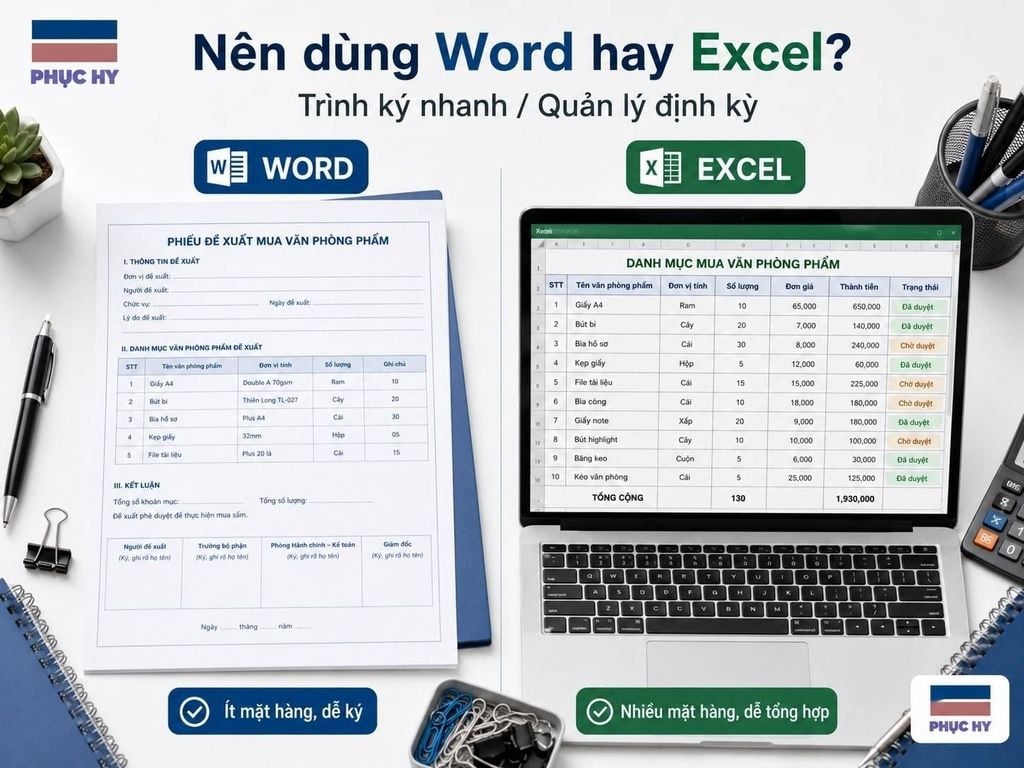 So sánh mẫu Word và Excel phiếu đề xuất mua văn phòng phẩm