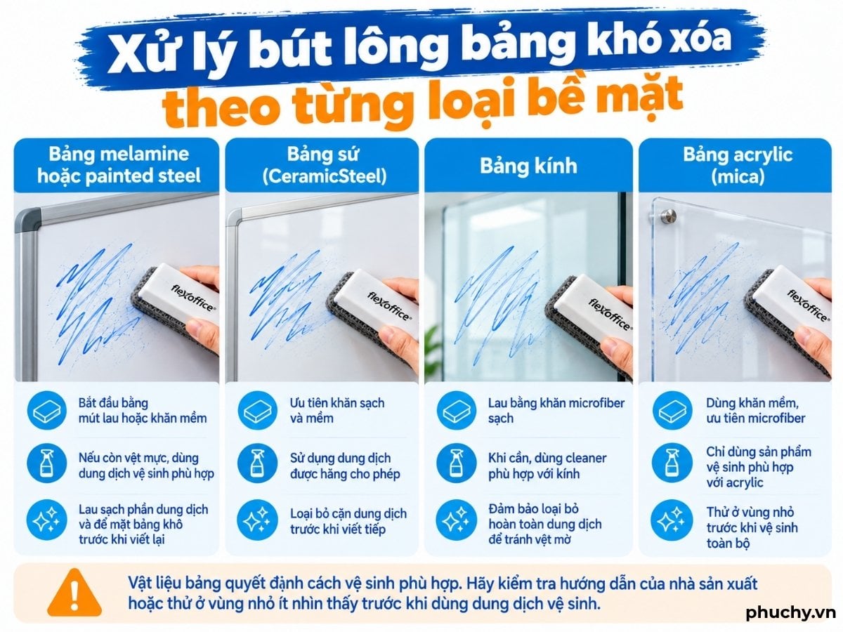 Cách xử lý bút lông bảng khó xóa theo từng loại bề mặt bảng