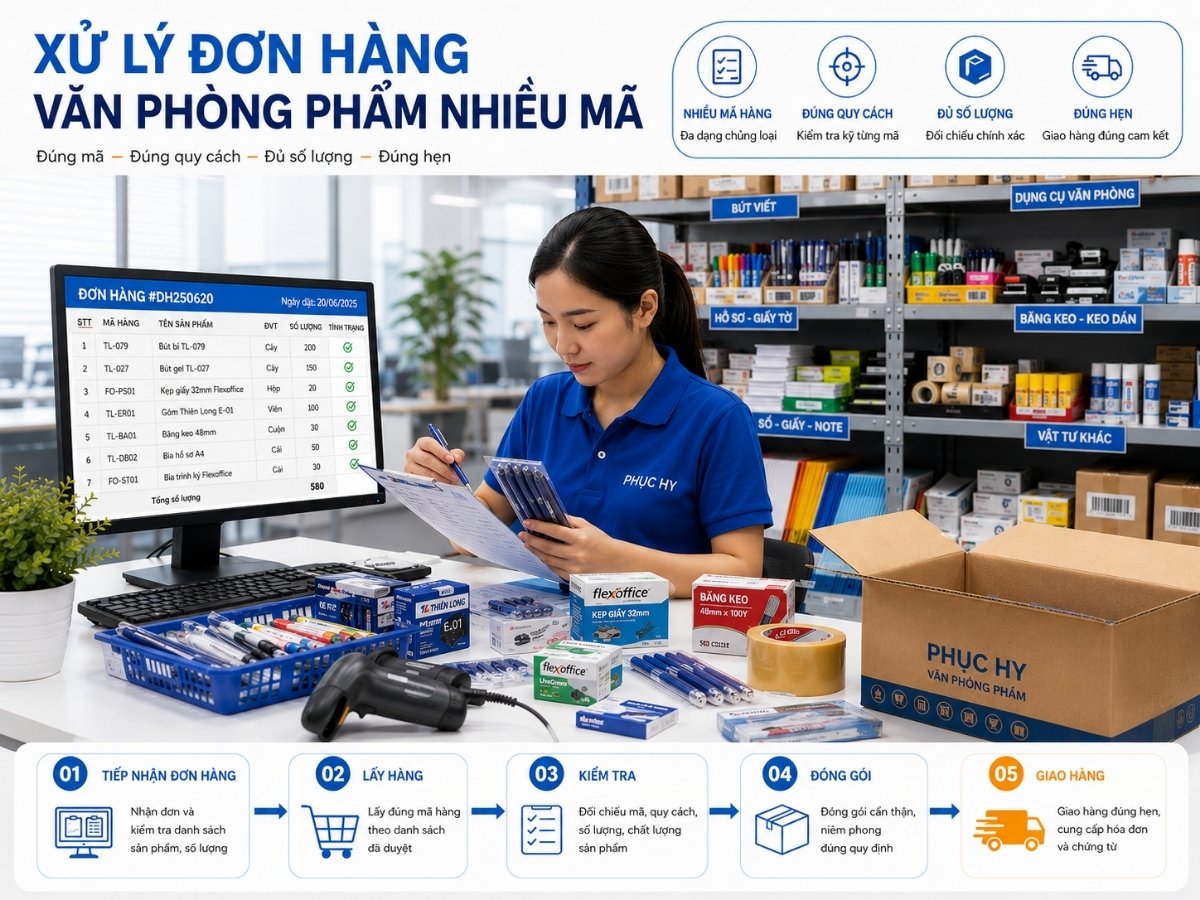 Xử lý đơn hàng văn phòng phẩm nhiều mã