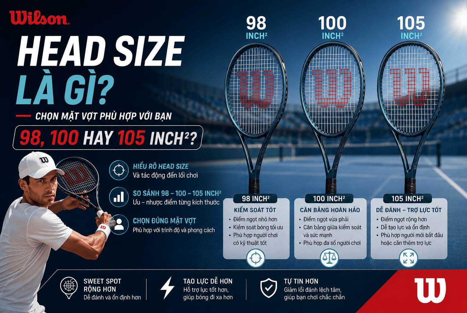 Head Size là gì? Chọn mặt vợt tennis 98, 100 hay 105 inch²?