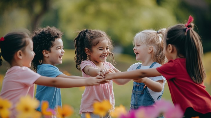 Năm bé nắm tay nhau thành vòng tròn và cười vui giữa vườn hoa