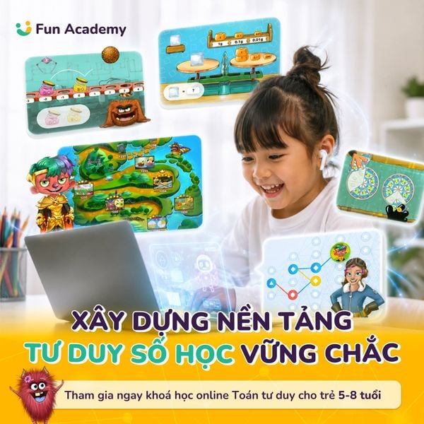 Banner khoá học Toán tư duy online của Fun Academy cho trẻ 5 đến 8 tuổi