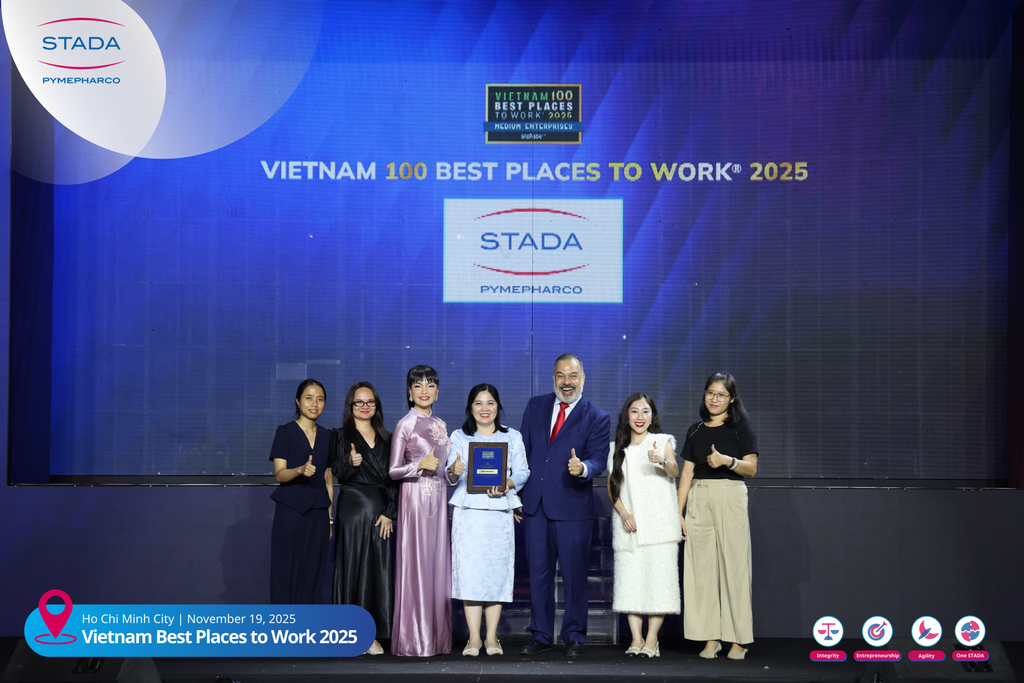 STADA Pymepharco được vinh danh Top 3 Nơi làm việc tốt nhất Việt Nam® 2025 | Ngành hàng Dược phẩm & Chăm sóc sức khỏe
