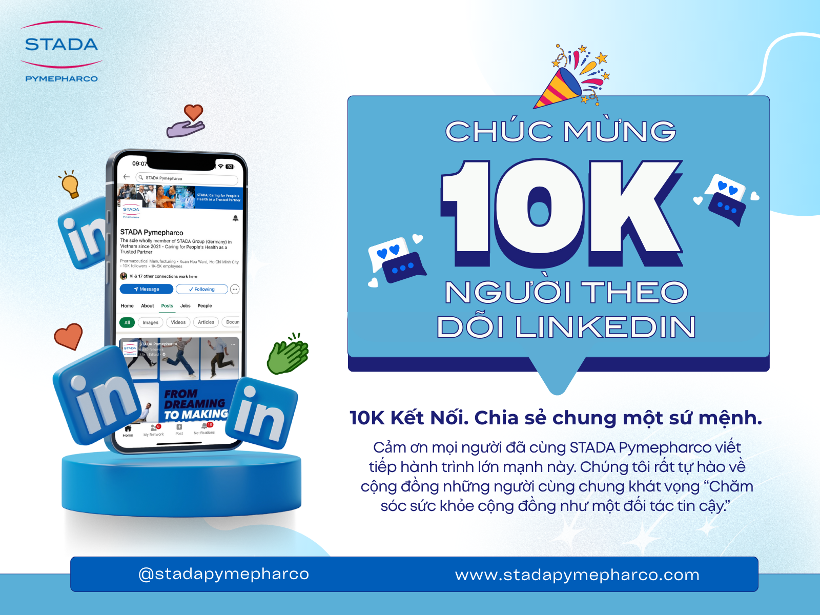 Chúc mừng STADA Pymepharco chạm mốc 10.000 FOLLOWERS trên LinkedIn! Mười nghìn kết nối – Chia sẻ chung một Sứ mệnh