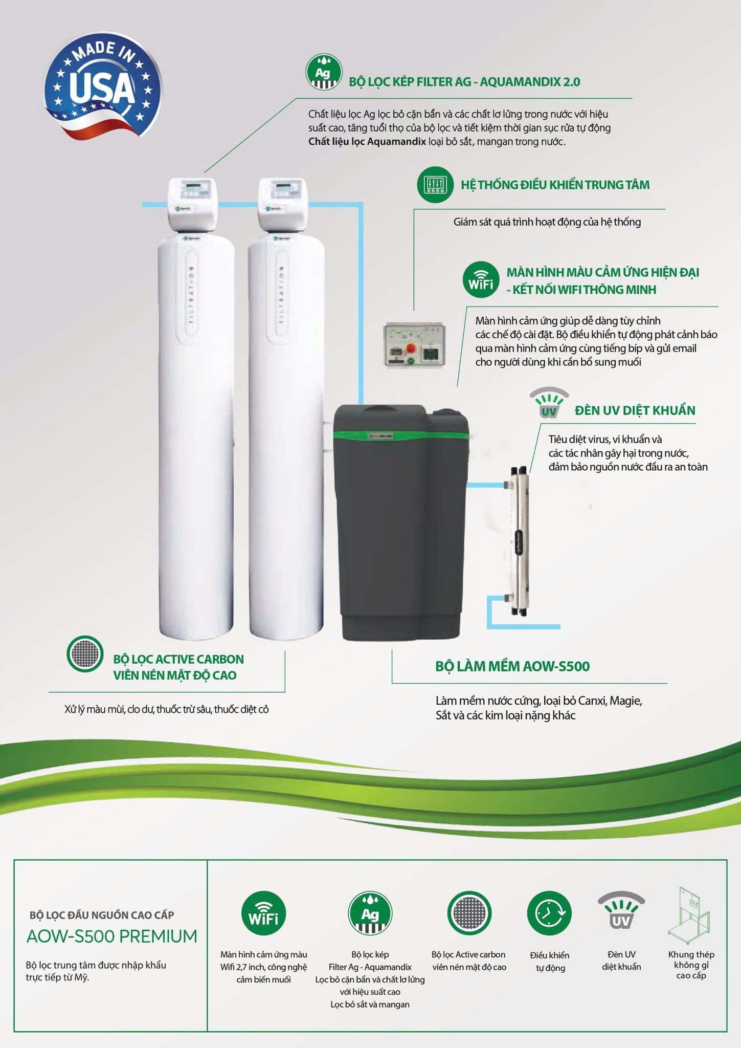 Hệ thống AOW-S500 PREMIUM lọc mạnh mẽ&nbsp;giúp loại bỏ mọi tạp chất có hại