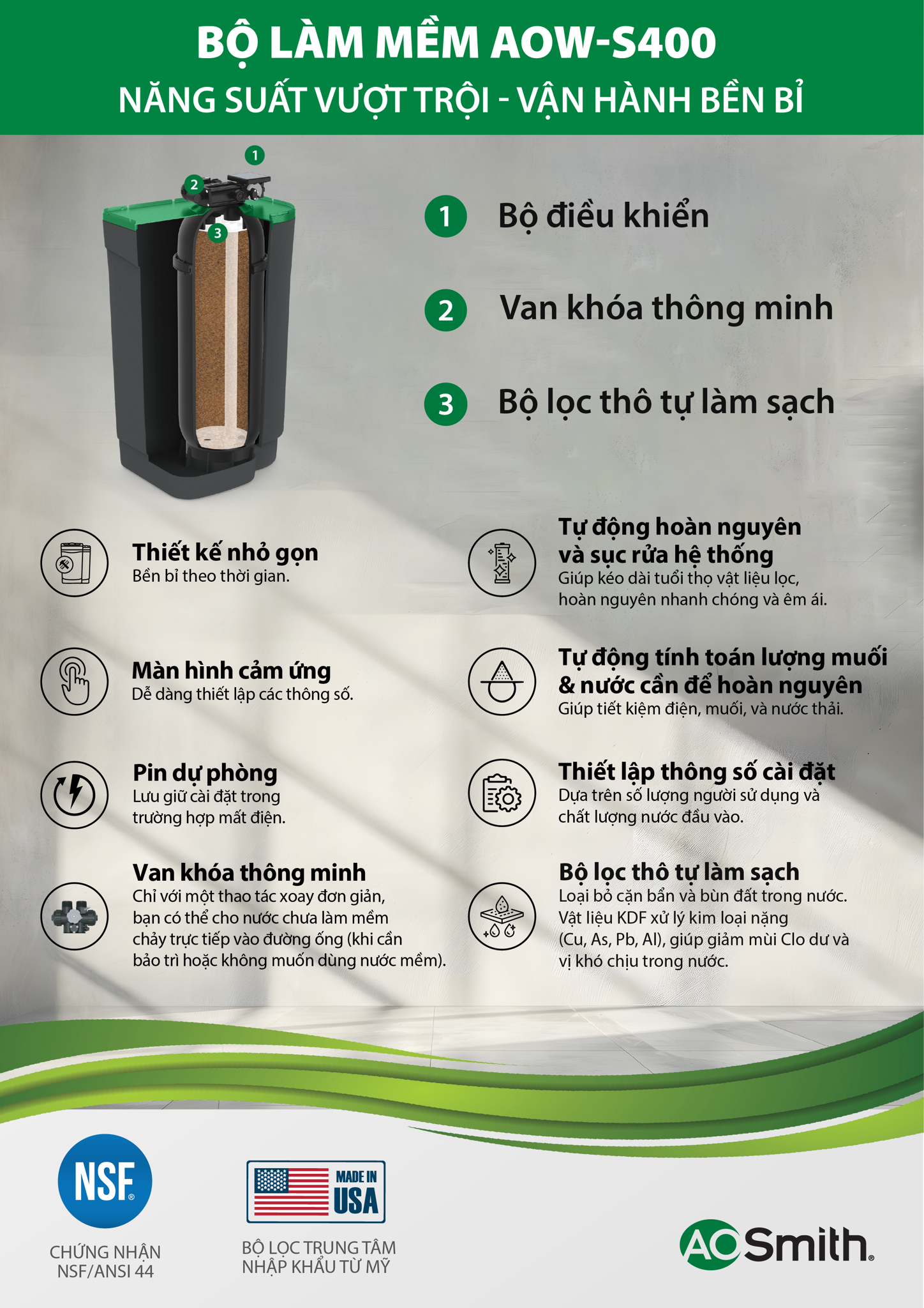 Bộ làm mềm AOW-S400 nhập khẩu Mỹ - Năng suất vượt trội, vận hành bền bỉ