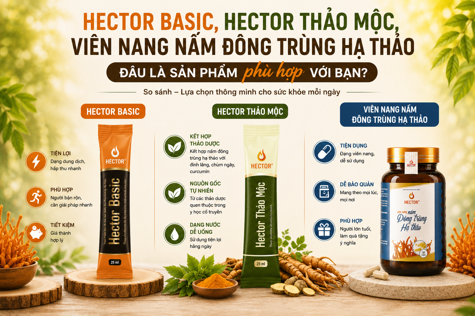 Hector Basic, Hector Thảo Mộc hay Viên nang nấm đông trùng hạ thảo Hector – Đâu là lựa chọn phù hợp với bạn?