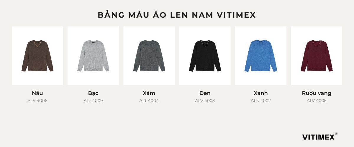 Bảng màu áo len nam VITIMEX: nâu, bạc, xám, đen, xanh, rượu vang