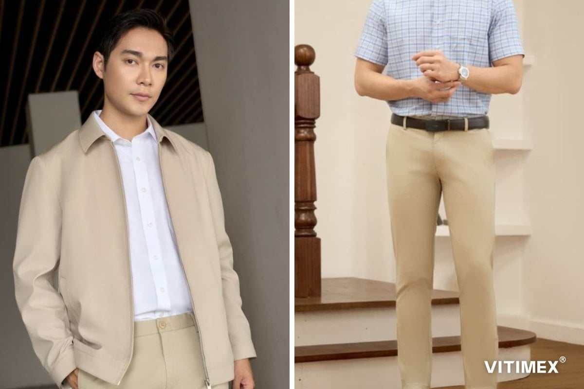 Trang phục đi đám cưới nam: áo khoác cổ bẻ và sơ mi ngắn tay phối kaki